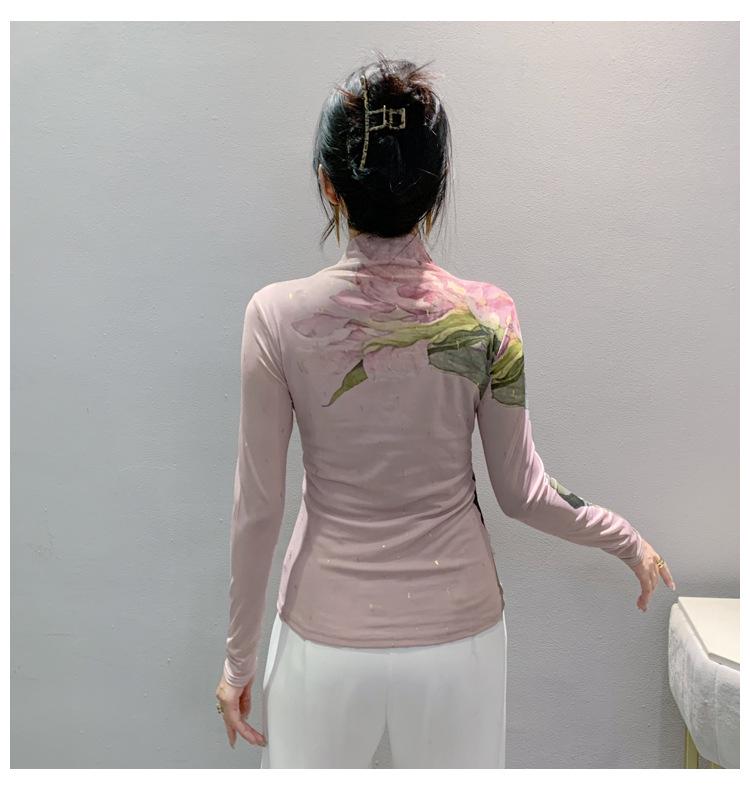 Women's Autumn 2023 Mesh High Neck Printed Long Sleeve Top