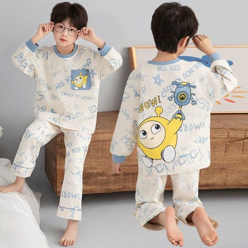Children's Cartoon Long Sleeve Pajama Set - Round Neck, Plus Size, Teen & Kids