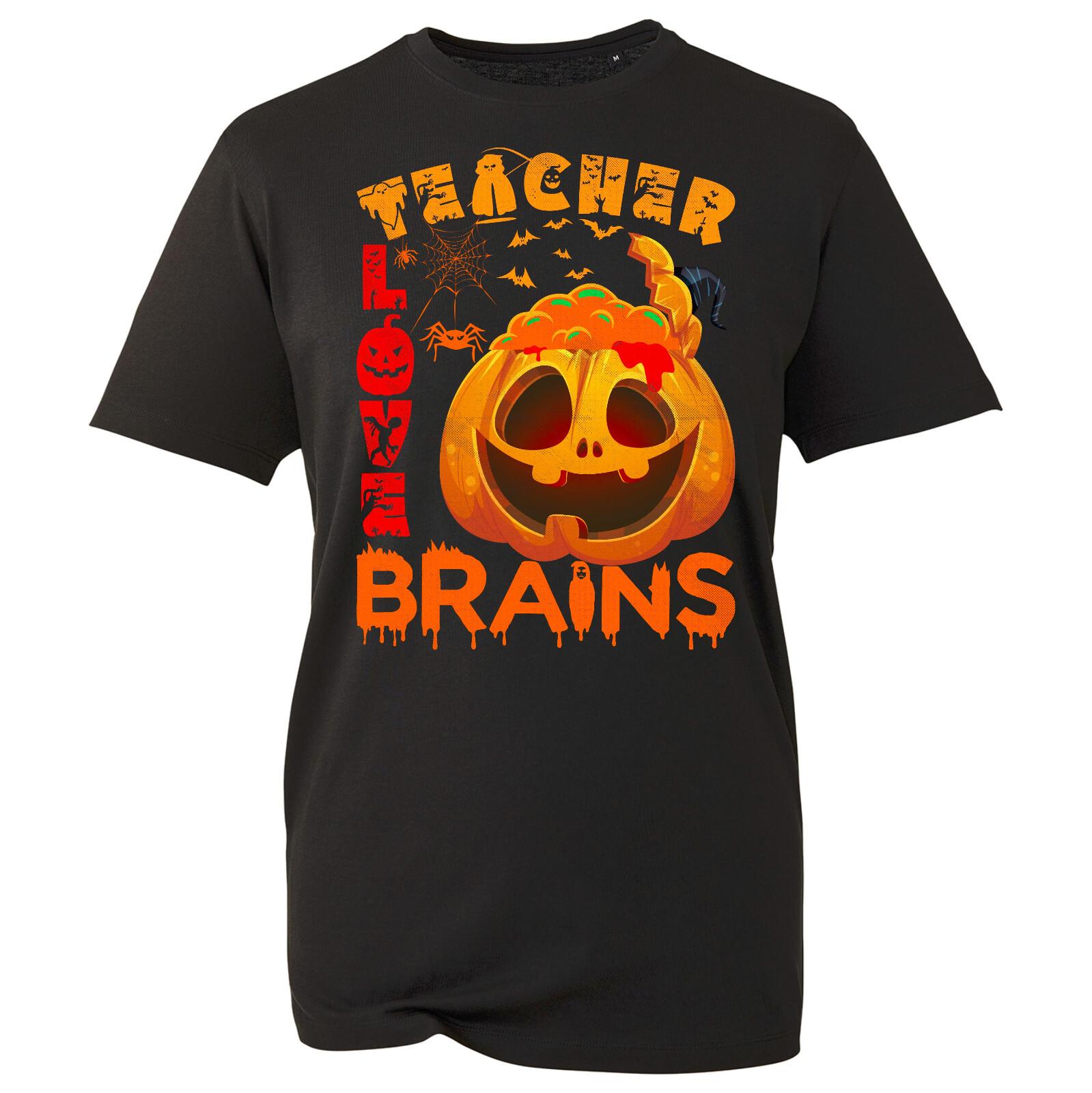 Funny Pumpkin Teacher Love Brains Halloween T-Shirt Horror Bat Trick Treat Top S