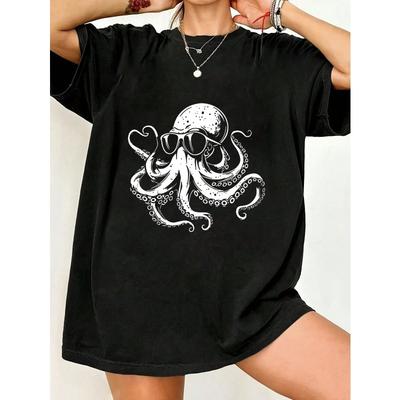 Oktopus T-Shirt Schwarz Oktopus mit Sonnenbrille Druck Lässige Sommerbekleidung