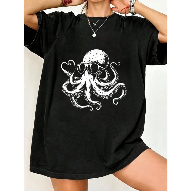 

Octopus T Shirt Black Octopus With Sunglasses Print Casual Summer Wear XXXXL