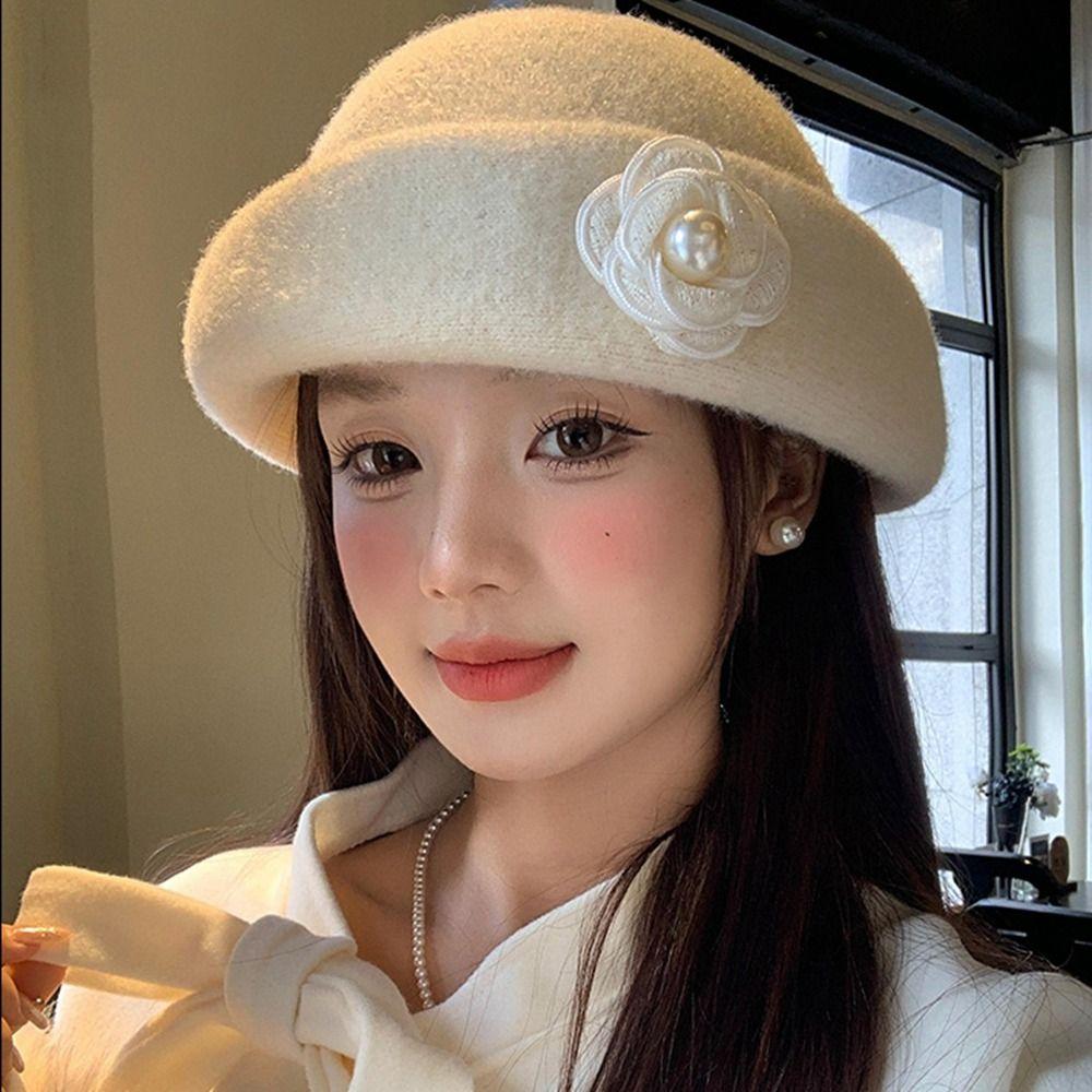 Camellia Flower Hepburn Style Topper Hat Pearl Wool Fisherman Hat Fashion Women Formal Hat Girl