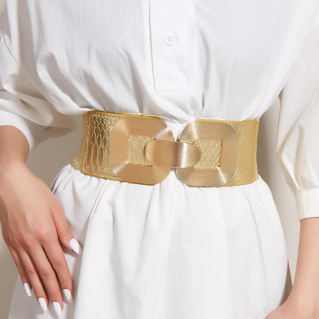 Gold Women Metal Waist Belt Snap Fastener Asymmetric Design Dresses Outerwear