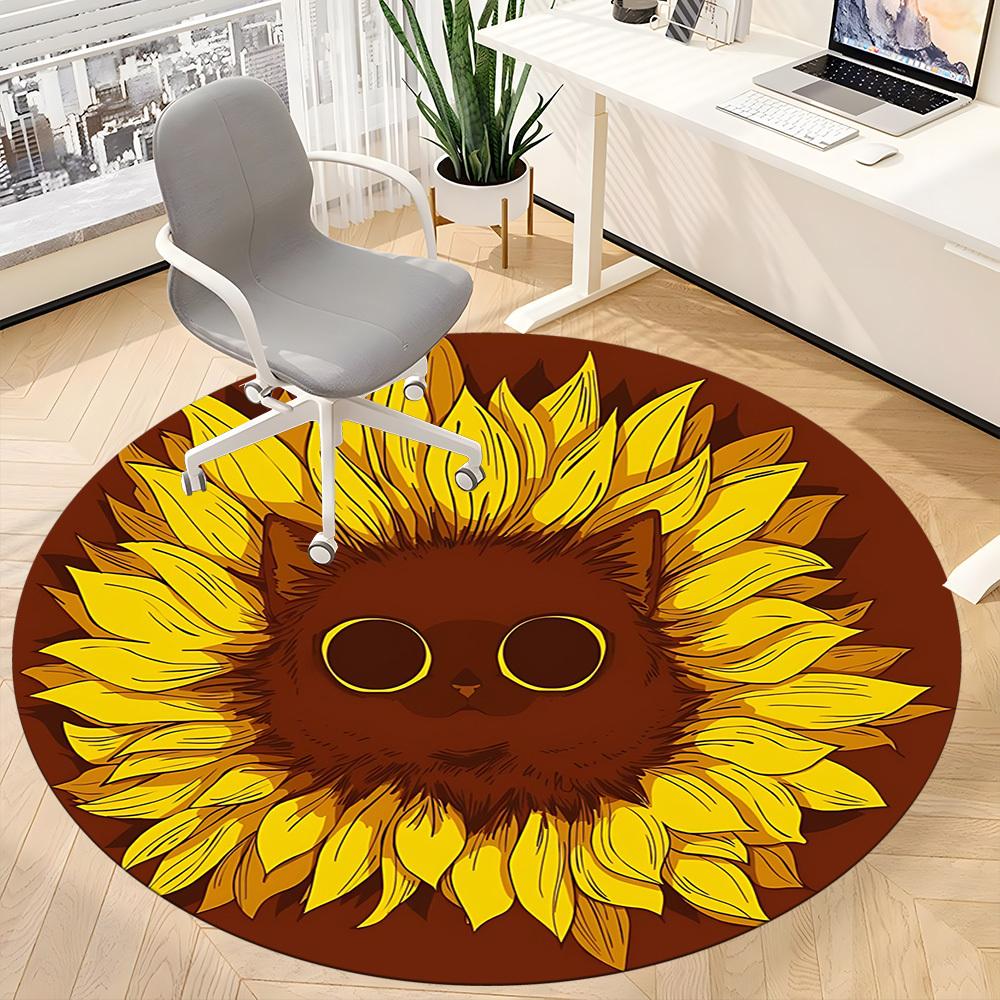 1pc Sunflower Cat Office Round Area Rug,  Mat Suitable For Office, Under Office Chairs Bedroom Living Room Home Decor, Room Deco