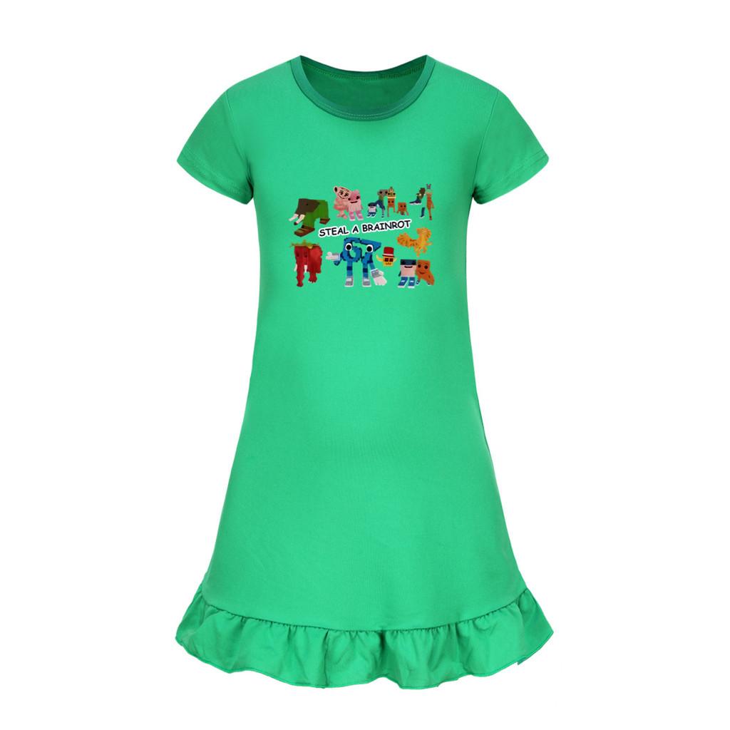 5214 Kids Girls Steal a Brainrot 67 Six Seven Printed Ruffle Short Sleeves Casual Dress