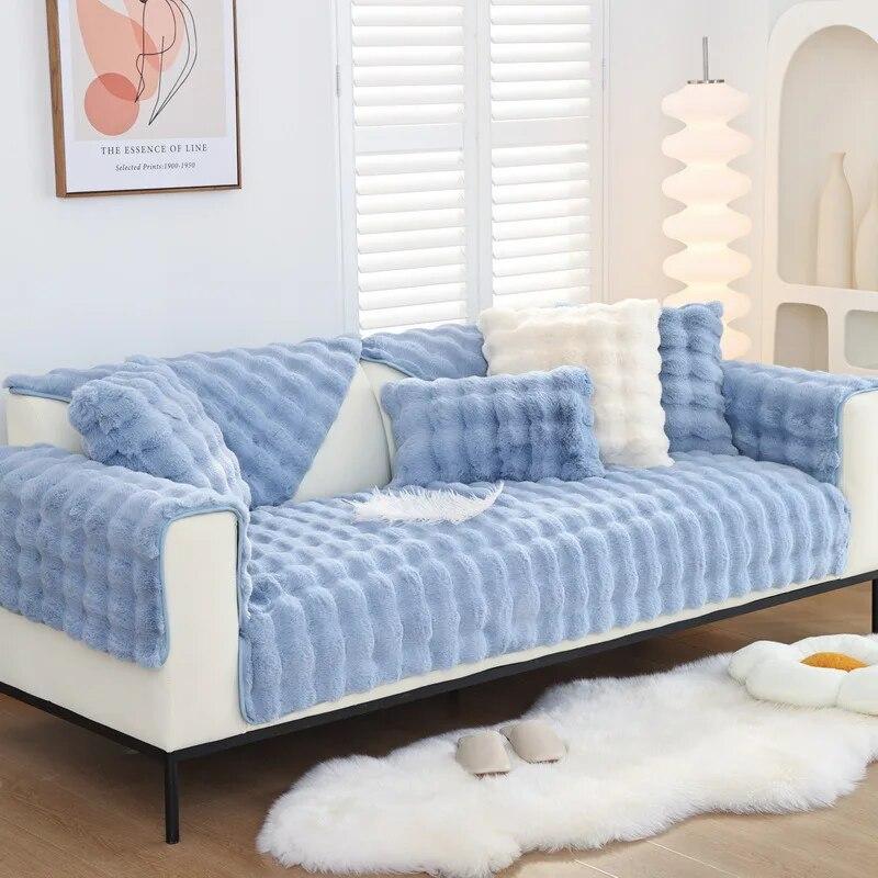 Thicken Imitation Rabbit Fur Plush Sofa Slipcover Non-slip Soft Sofa Towel Couch Cushion for Living Room Modern Home Decor Mat