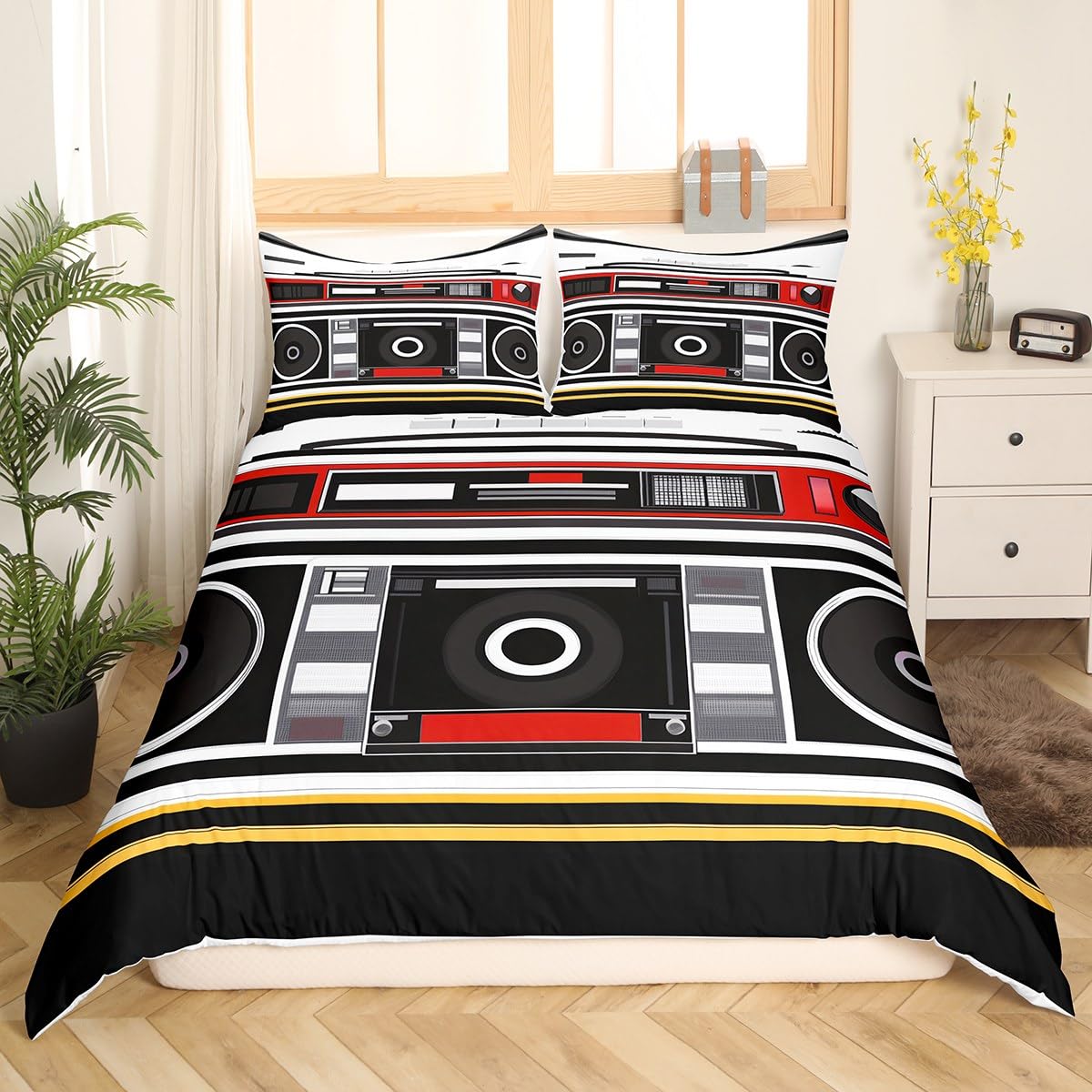 

Cartoon Black Record Duvet Cover Set Retro Record Comforter Cover For Boy Girl Music Theme Bedding Set Queen King Duvet Covers EU Single(135*200cm)3pcs