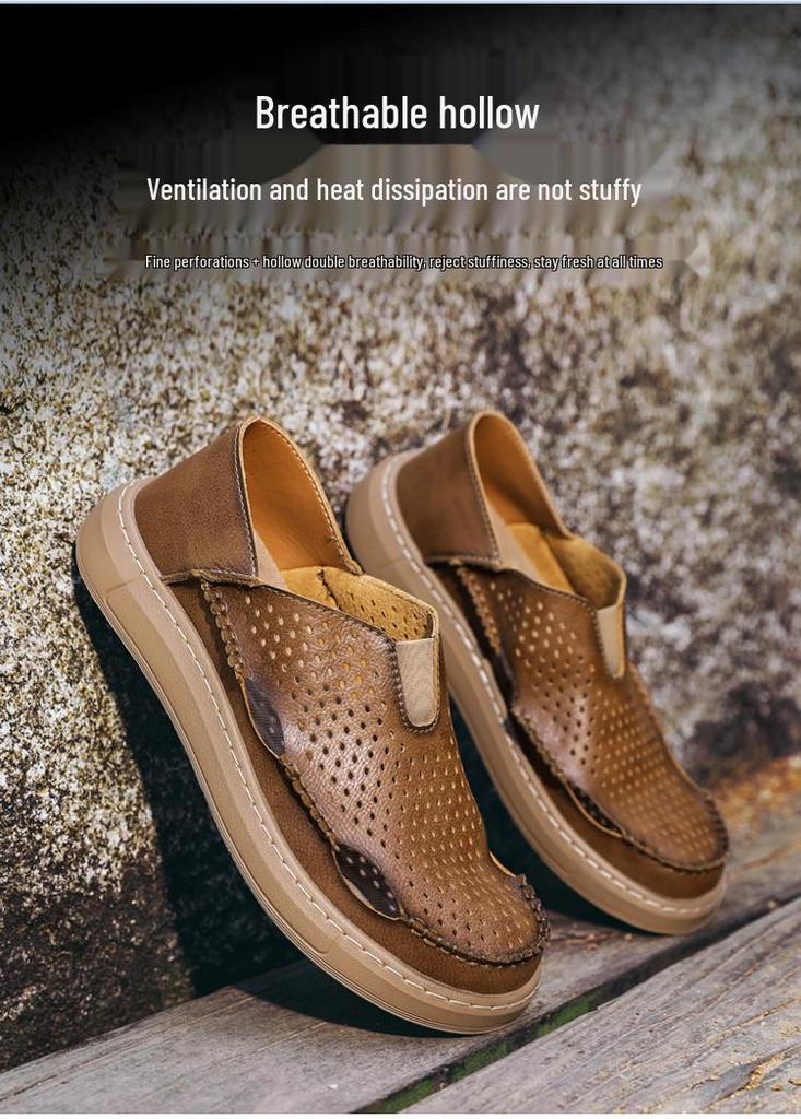 Summer 2026 Lightweight Wide-Toe Slip-On Leather Shoes - Breathable Perforated Soft Sole