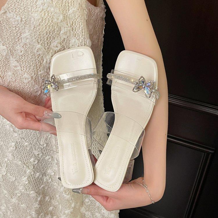 

[Youshilai] Sparkling butterfly~ Sandals women s medium heel thick heel with silver high heel cool slippers to wear outside 35