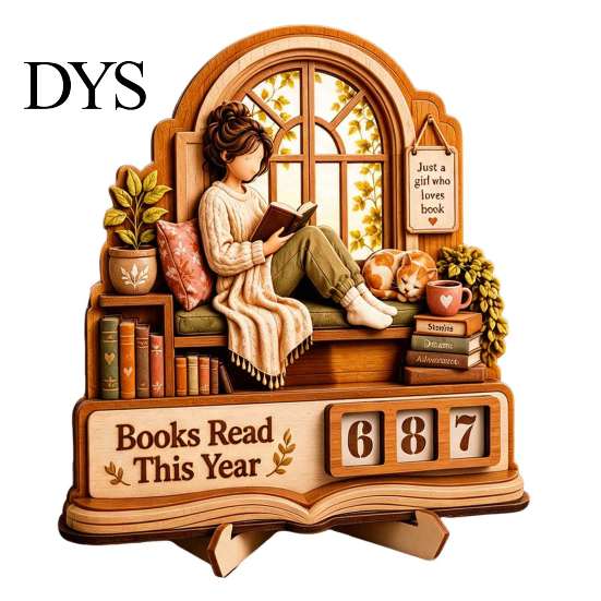 Decorative Wooden Stand for Bookshelf Book Read This Year Tracker, 3D Layered Window Reading Tracker Girl Count with Replaceable Number, Lover Desktop