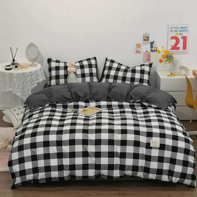 Japanese Grid Printed Washed Bedding Set Skin-Friendly Breathable Quilt Cover Sets for All Seasons Queen King Size Bedclothes