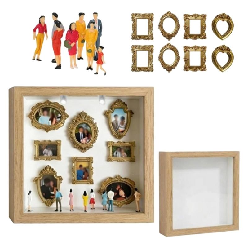 DIY Personalize Mini Museums Silhouettes Box Set with Gold Frame and Mini Figures Photo Display Shadows Box for Home Decors