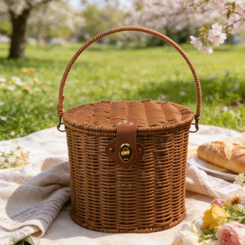 Винтажная плетёная корзина для пикника из ротанга с кружевным узором, портативная плетеная корзина для хранения с крышкой, для кемпинга на открытом воздухе, подарок, декор для дома With lid коричневый