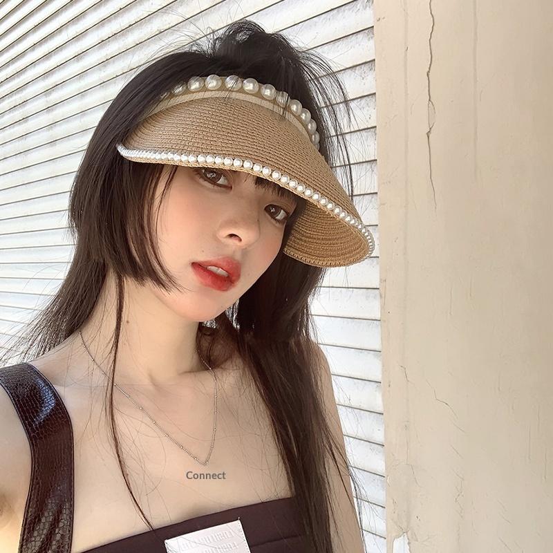 Women'S Summer New Fresh Beach Hat With Pearls Open Top Sun Hat Fashionable Raffia Straw Hat