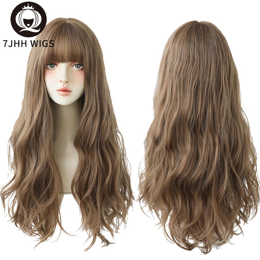 Professional  WIGS Cold Brown Synthetic Wigs Long Deep Wavy Hair With Bangs For Women Daily Wear Heat-Resistant Natural Trendy Wig