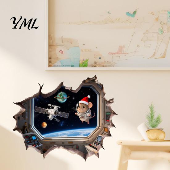 Winter Theme Wall Sticker 3D Christmas Mouse Hole Sticker, Waterproof PVC Decal, Creative Festive Decorative Scene Easy Apply for Holiday Living Room