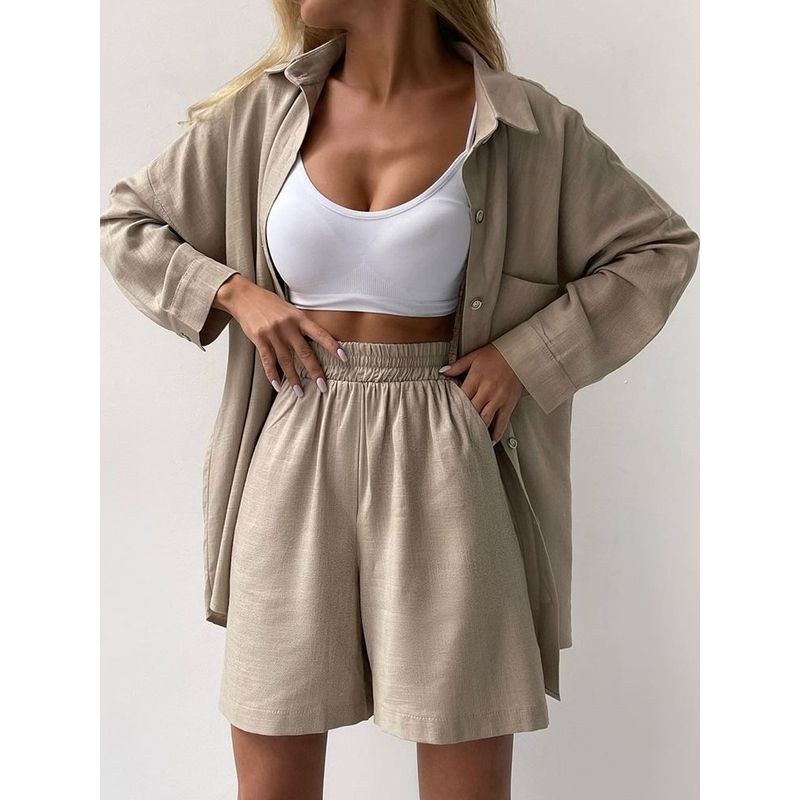 Fashion Spring and Summer Two-Piece Set Long Sleeves Lapel Shirt Shorts Loose Fashion Casual Set Casual Suit