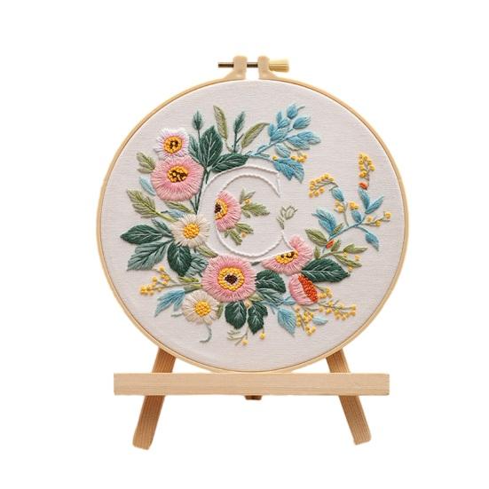 Floral Letter Embroidery Kit A to Z Embroidery Starter Kit with Hoop Fabric And Threads Easy DIY Needlework Kit for Beginners And Adults C