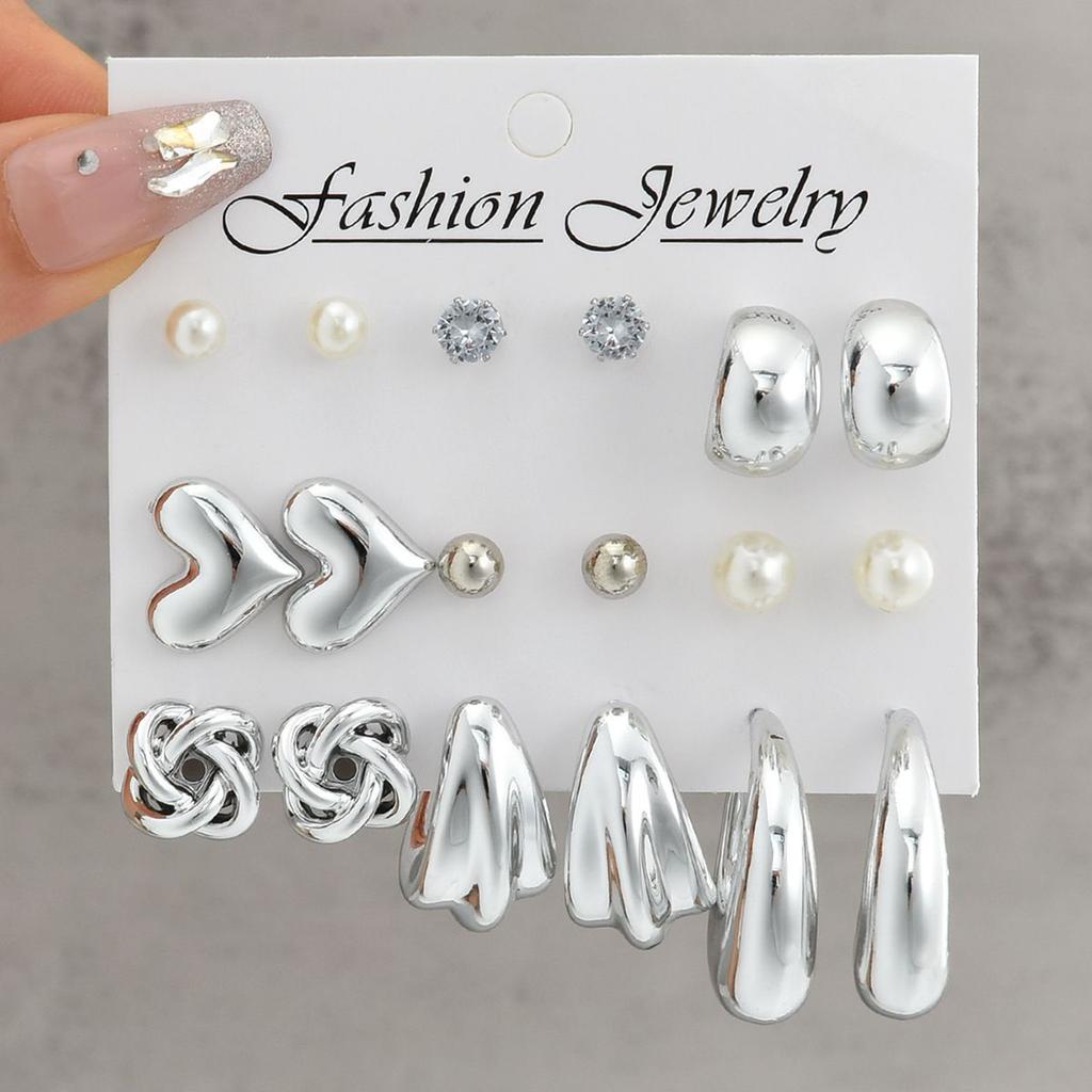 9 Pairs Bohemian Butterfly Earring Set for Women Silver Color Pearl Zircon Geometric Water Drop Earrings Daily Wear Jewelry Gift