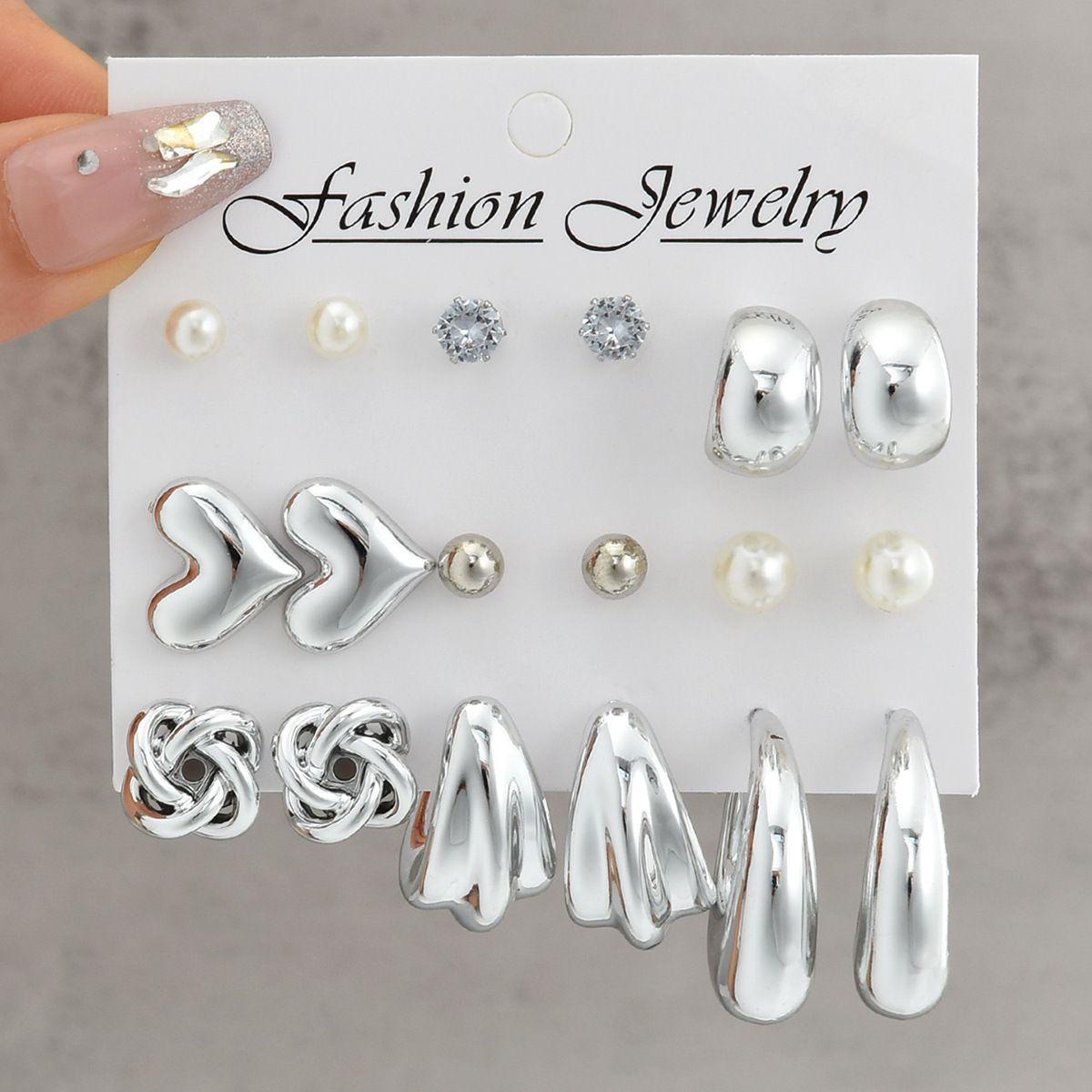

9 Pairs Bohemian Butterfly Earring Set for Women Silver Color Pearl Zircon Geometric Water Drop Earrings Daily Wear Jewelry Gift