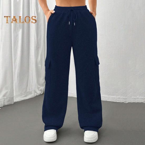 Pantaloni cargo pentru femei, cu talie elastică, cu șnur ajustabil, pantaloni drepti, cu picioare largi, pantaloni lungi sport de culoare solidă