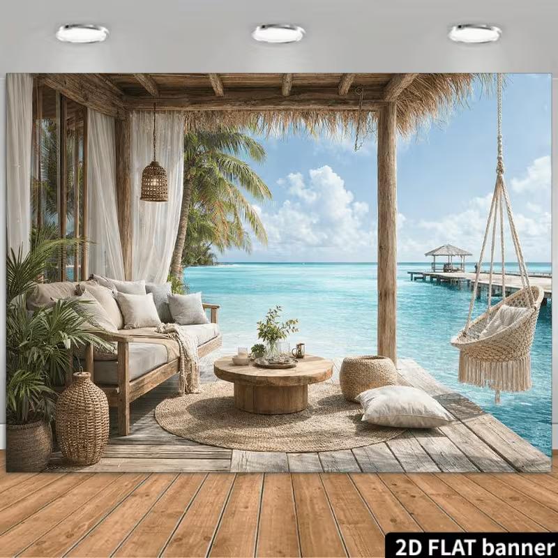 

2D Coastal Vacation Backdrop Tropical Overwater Bungalow Photo Booth Background 47.2x31.5inch/120*80cm