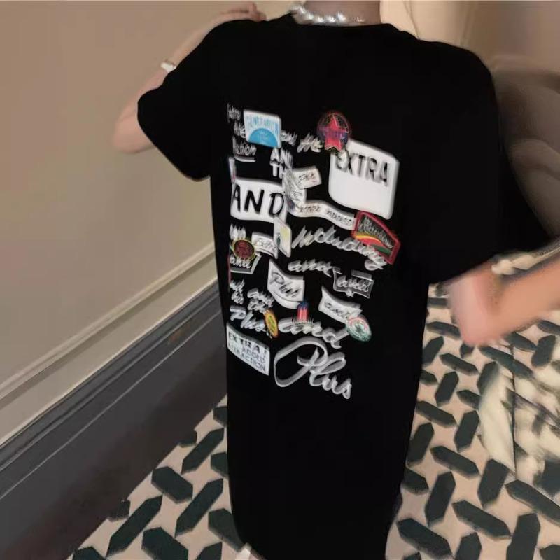 Chic Printed T-shirt Dress Women's Summer Loose Split Mid-length Plus Size Dress