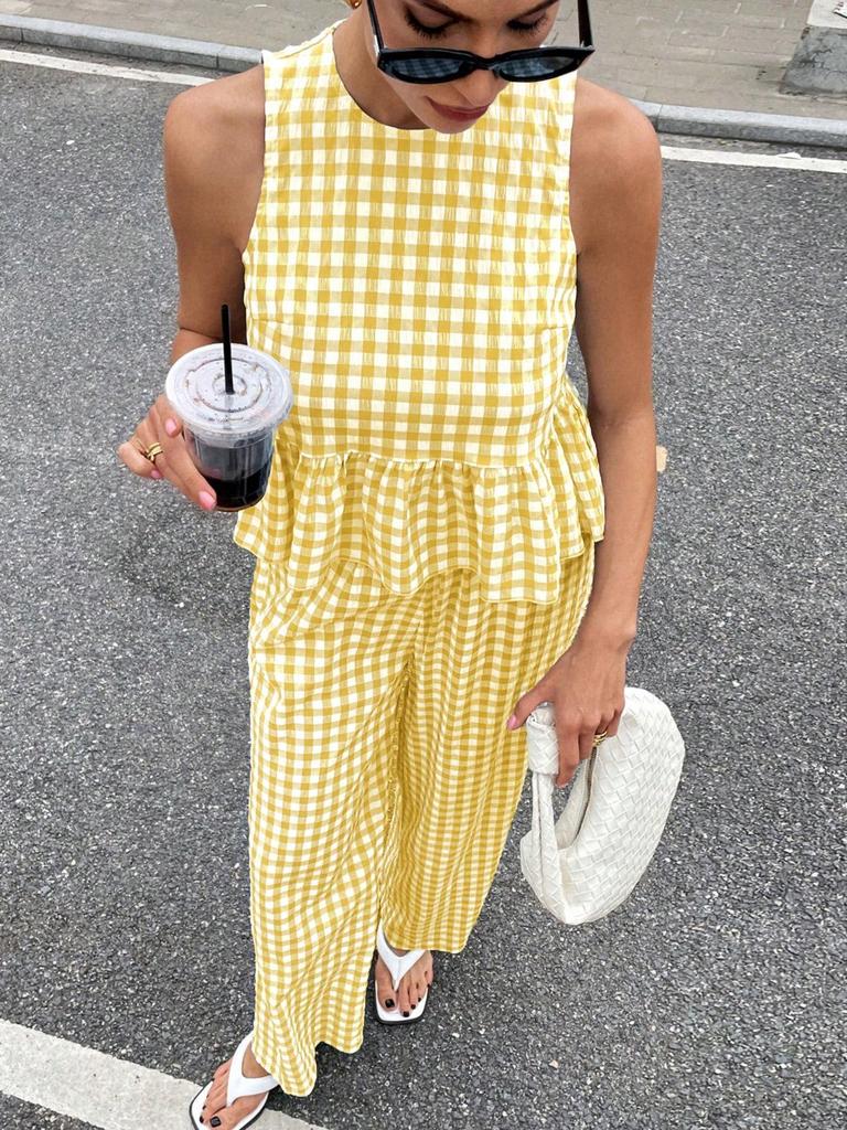 2026 Europe Casual Round Neck Sleeveless Ruffle Hem Top & High Waist Straight Long Pants