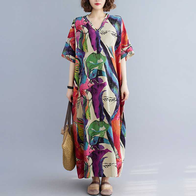 Kurzärmelige Baumwoll-Leinen Vintage Kleider für Damen Lässiges Maxi Langes Weites Sommer Strandkleid Elegante Kleidung