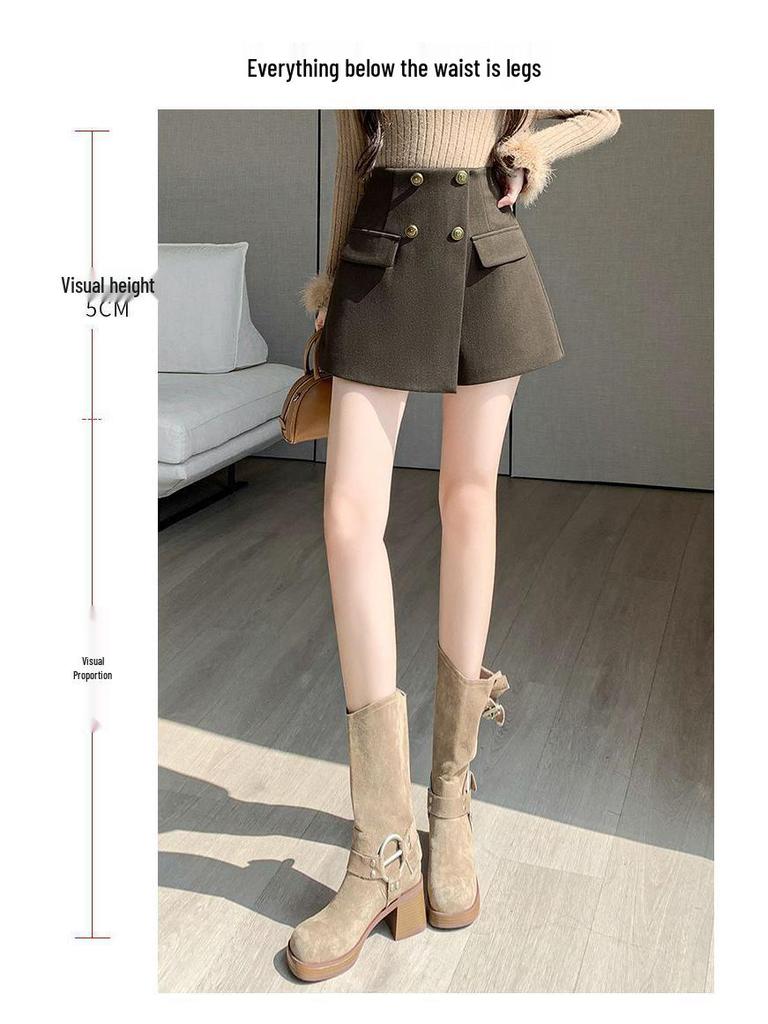 Women's 2026 Autumn/Winter High-Waist Wool Suit Skirt Pants - Double-Breasted, Wide-Leg Slimming Shorts