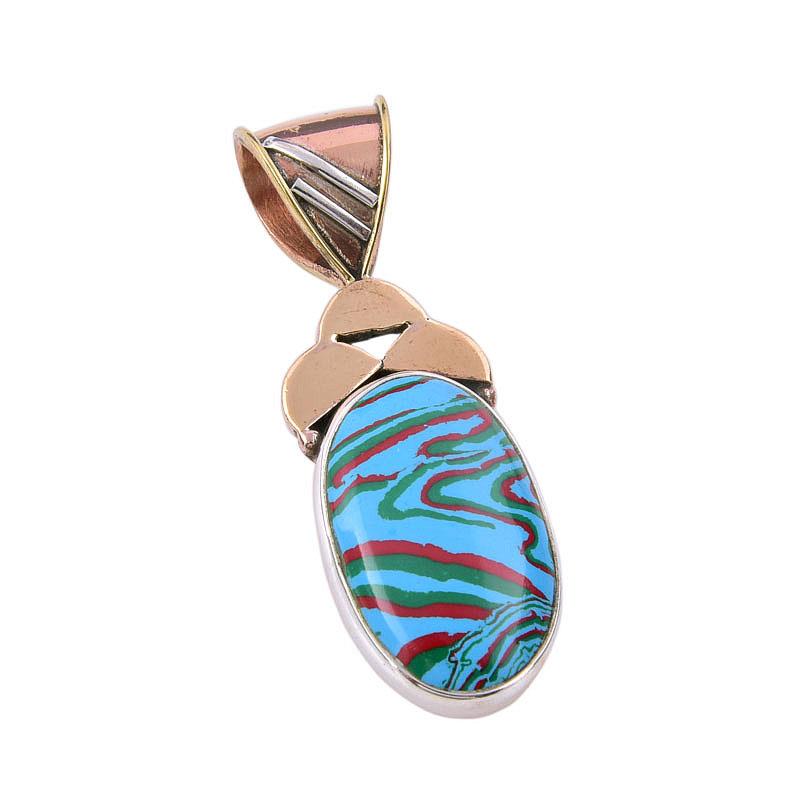 Natural Rainbow Calsilica Gemstone 925 Solid Silver Two Tone Pendant 1.75" C6l28