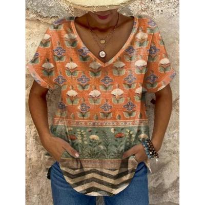 Ethnic Women's T-Shirt Vintage Flower Graphics Fashion Short Sleeved V-Neck Regular Tops Daily Print Tee Summer Casual Tops