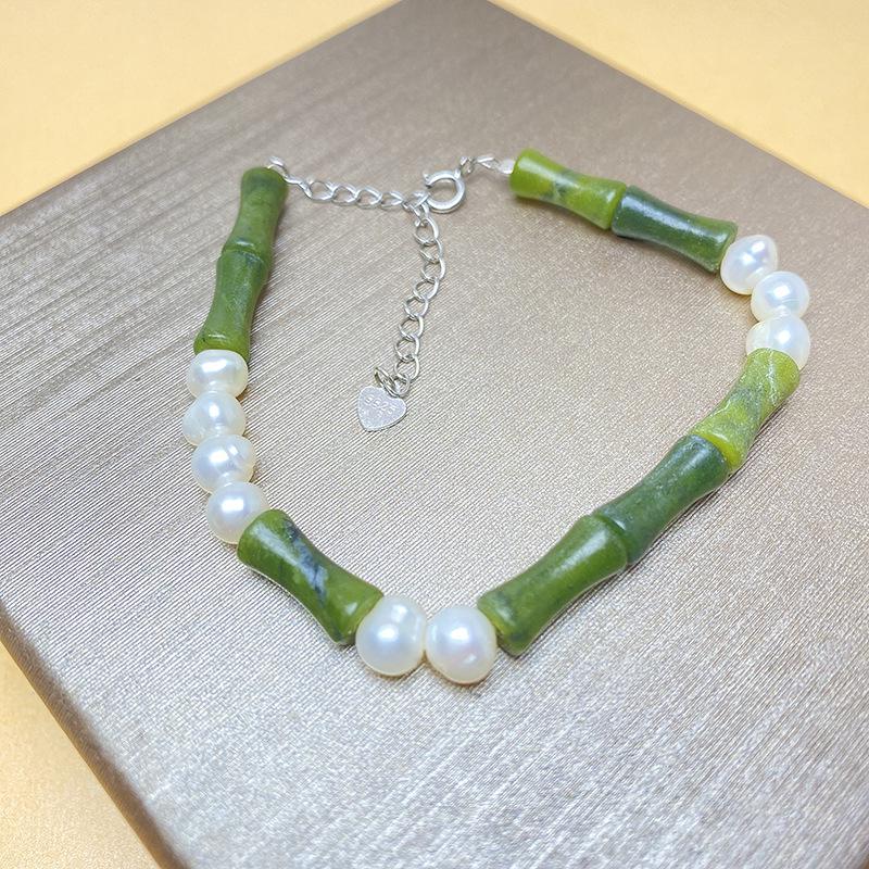 

Women s Olive Jade Bamboo Joint Bracelet: Chinese S925 Silver, Natural Pearl, Retro, Versatile Style. S925 Silver