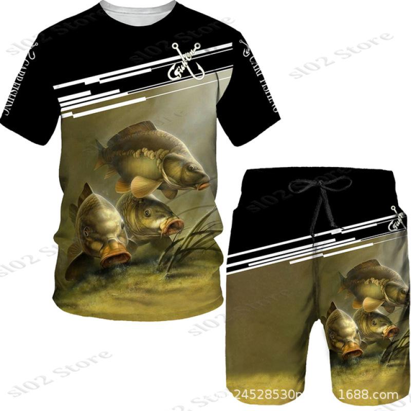 New Men's Short Sleeve Shorts Set Fashion 3D Digital Fish Printing Men's Beach Casual Set