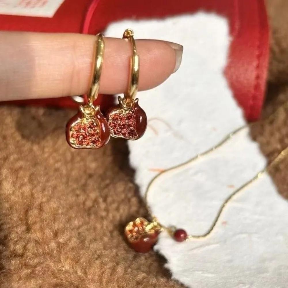 Enamel Red Fruit Gold Color for Women Necklace and Earrings Cute Pomegranate Girl Jewelry Set