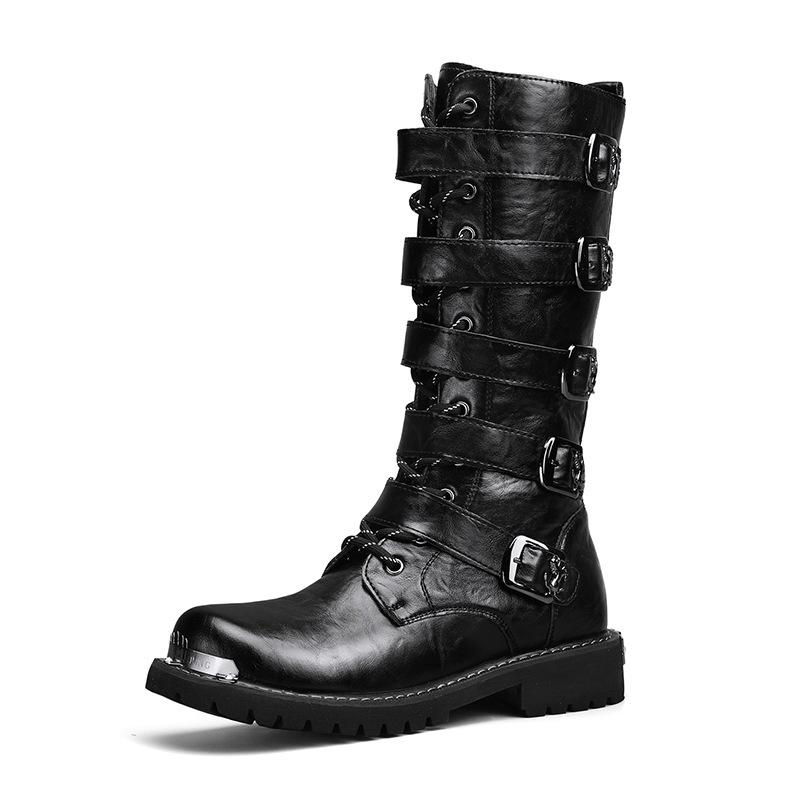Men's High Top Motorcycle Boots Niche Cool Boot Belt Buckle Design for Knight Men Boots Retro British Tooling Boots Botas Hombre