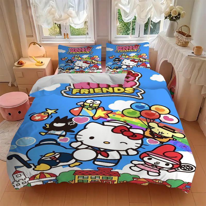 3pcs Lively Hello Kitty Friends Pattern Bedding Three-Piece Set (1 Cover + 2 Pillowcases, No Fillings), Soft and Comfortable W055