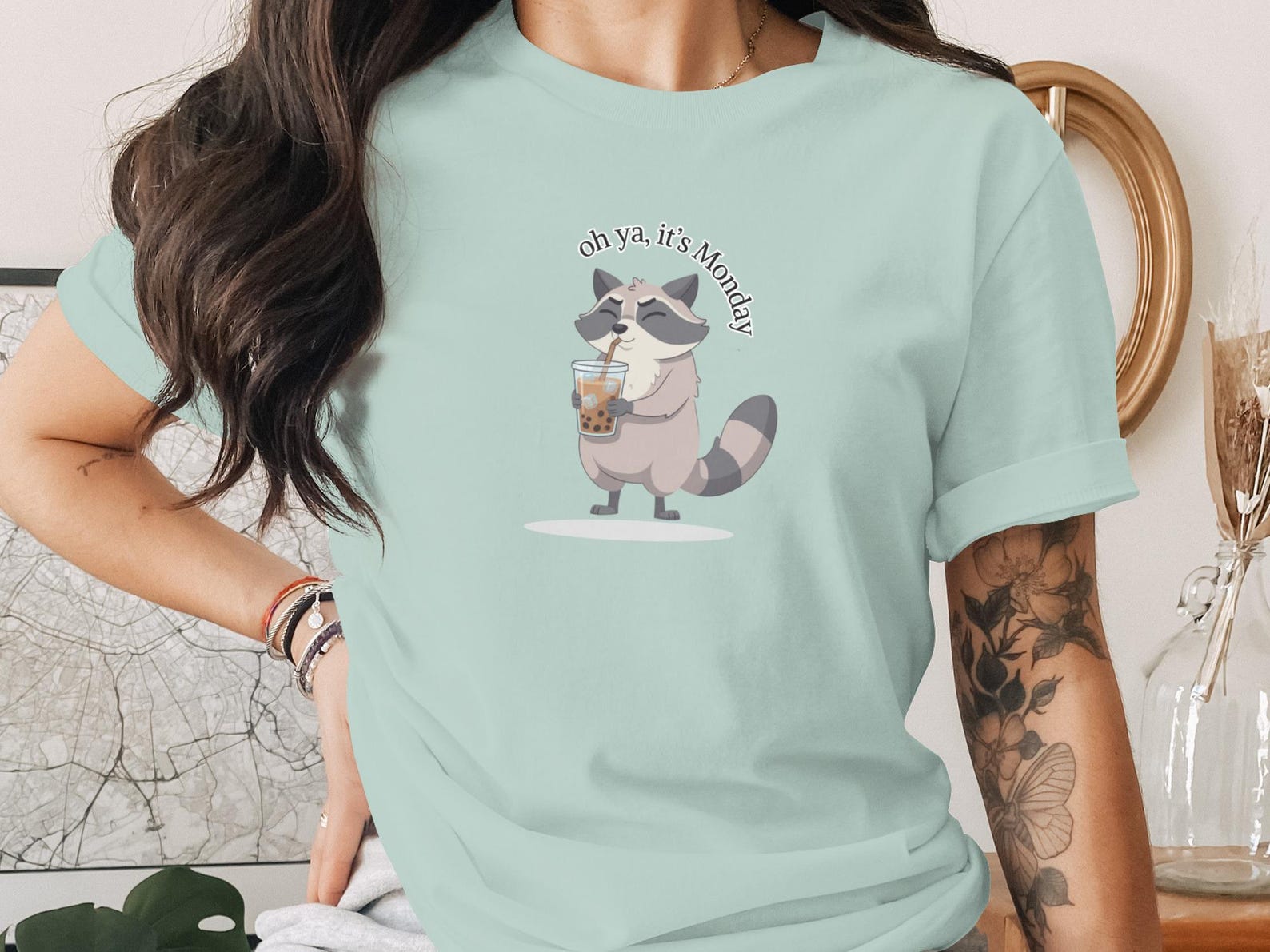 Oh Ya Its Monday Raccoon Boba Tea T-Shirt | Funny Anti Monday Bubble Tea Lover Gift | Cute Animal Graphic Tee for Her | Whimsical Cozy L