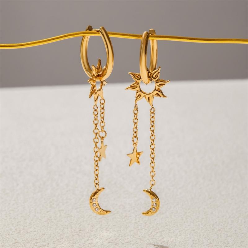 Celestials Dangle Earrings Featuring Crescent Star Charm Crystals Accent and Movable Tassels Detailing