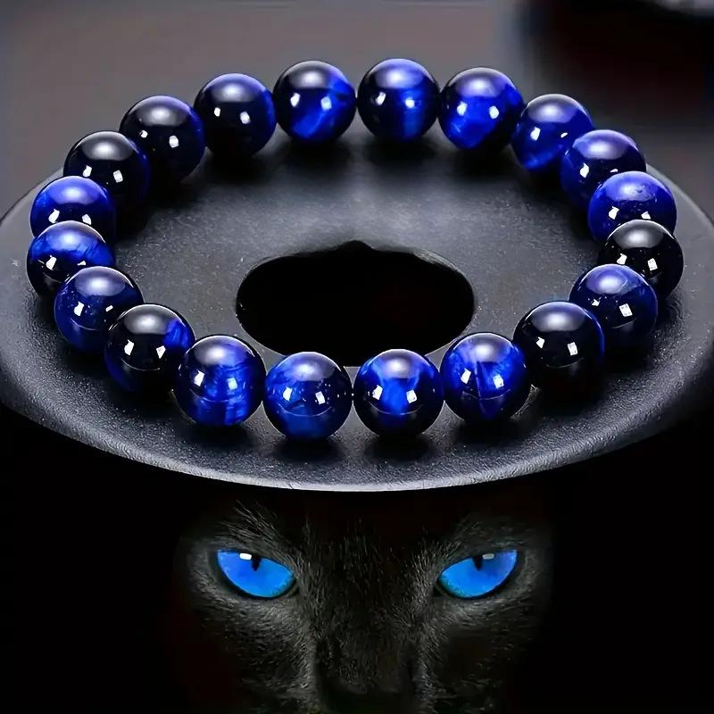 Blue Quartz Tiger Eye Beaded Bracelet - Bohemian Style, Natural Stone Wealth Attraction Handband with Pink Eyes Design, Good Luck Fashionable Bracelet