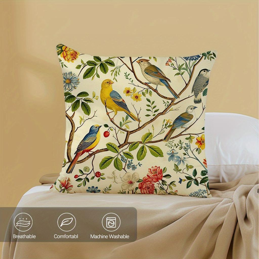 1pc Vibrant Bird Floral Print Illustration Throw Pillow Cover Decorative Pillow Covers for Living Room Bedroom Home Party Decor