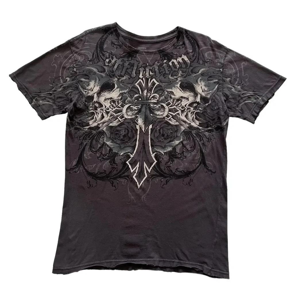 Dark Purple Street Affliction Big wing T shirt Vintage Clothing Punk Hip Hop Graphic Print Oversized tops Men Round Sleeve tee