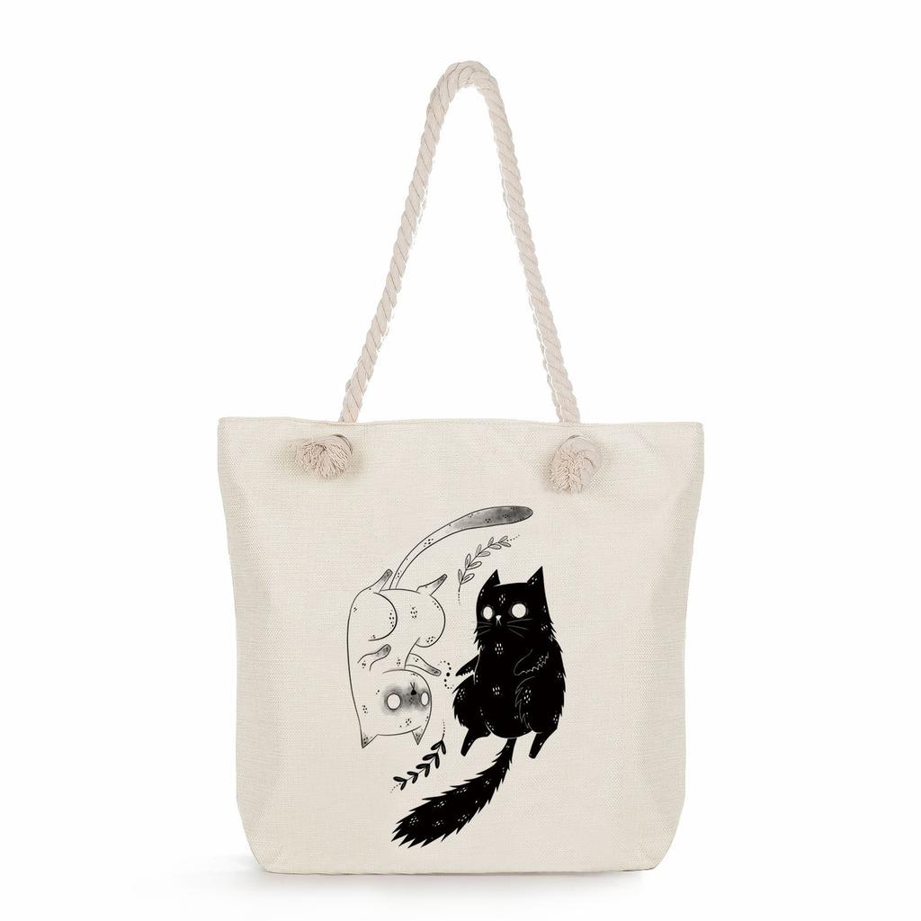 Cartoon cat print thick rope single-shoulder beach bag 7252