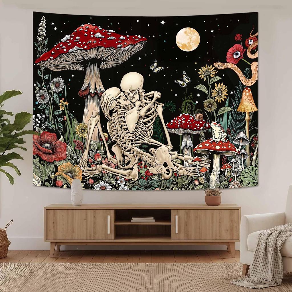 Gothic Lovers Skeleton Tapestry Wall Hanging Black Mushroom Botanical Aesthetic Dark Romance Tapestries for Bedroom Vintage