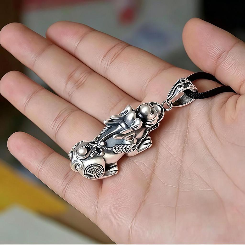 Silver Ruyi Pixiu Pendant, Unisex Braided Rope Necklace, Pikachu Sweater Chain Pendant, Vintage Ethnic Style Wear Accessory