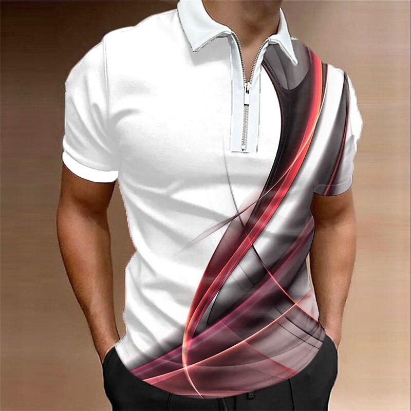 Koszula męska Polo Casualowy zamek błyskawiczny z krótkim rękawem Modny swobodny zamek Letnia wiosna Regularny krój Koszula z nadrukiem 3D w kolorze złotej krzywej