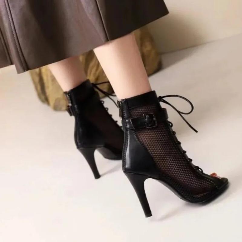 Fashion 2025 Summer Sexy Women's High Heels Hollow Mesh Sandals Fashion Fish Mouth Peep Toe Ankle Boots Stilettos Jazz Dance