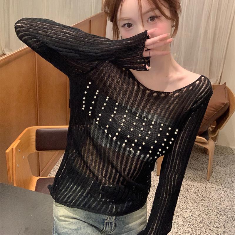

Hollow Out See-Through Thin Knitwear Women s Summer Sexy Hot Girl Asymmetric Long Sleeve Sun Protection Shirt Outer Wear Top S чорний
