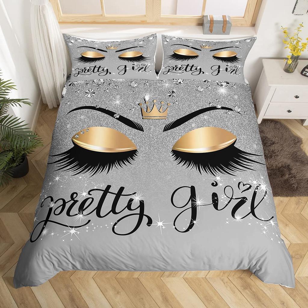 Black Eyelash Duvet Cover Set Girls Women Kids Eyelash Bedding Set Closed Eyes Pattern Design Queen King Comforter Cover Sets