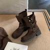 Cowhide version~ Height increase 5.5cm Maillard thick heel thick sole belt buckle thin thick heel short boots locomotive boots women's autumn